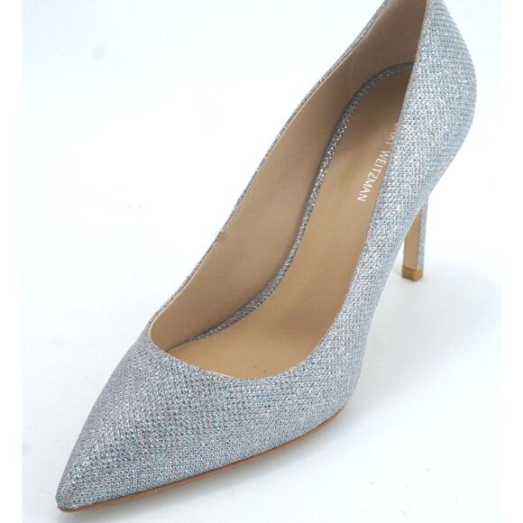 Stuart Weitzman Leigh Silver Glitter Pointed Toe Heel Pump SZ $495